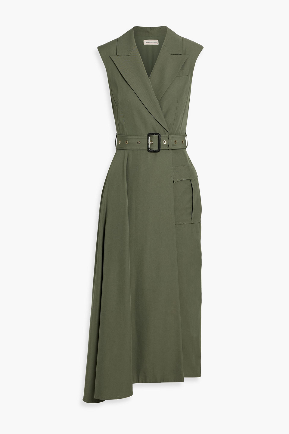 Alexander Mcqueen Belted Wool And Cotton-blend Twill Midi Dress In Green