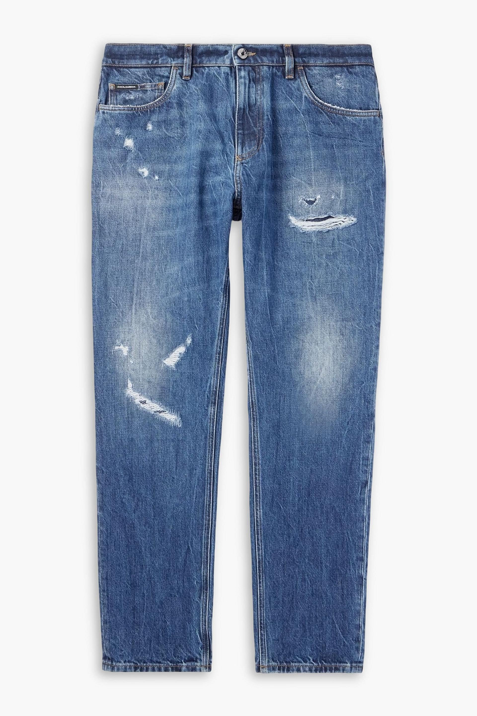 dolce&gabbana - slim-fit tapered logo-embroidered distressed denim jeans - blue - it 50
