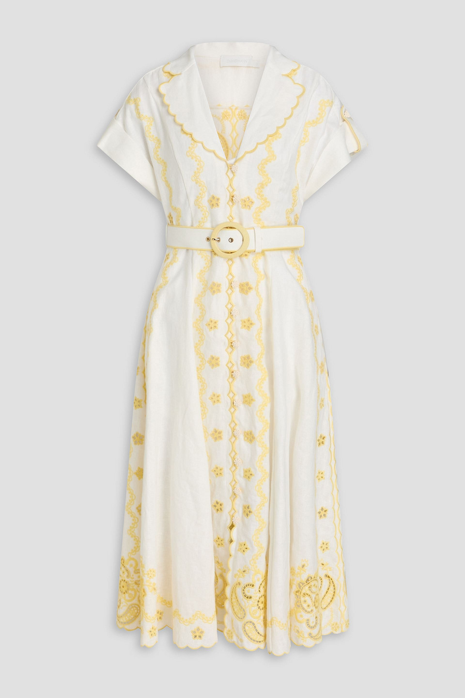 Zimmermann Belted Embroidered Linen Midi Shirt Dress In White