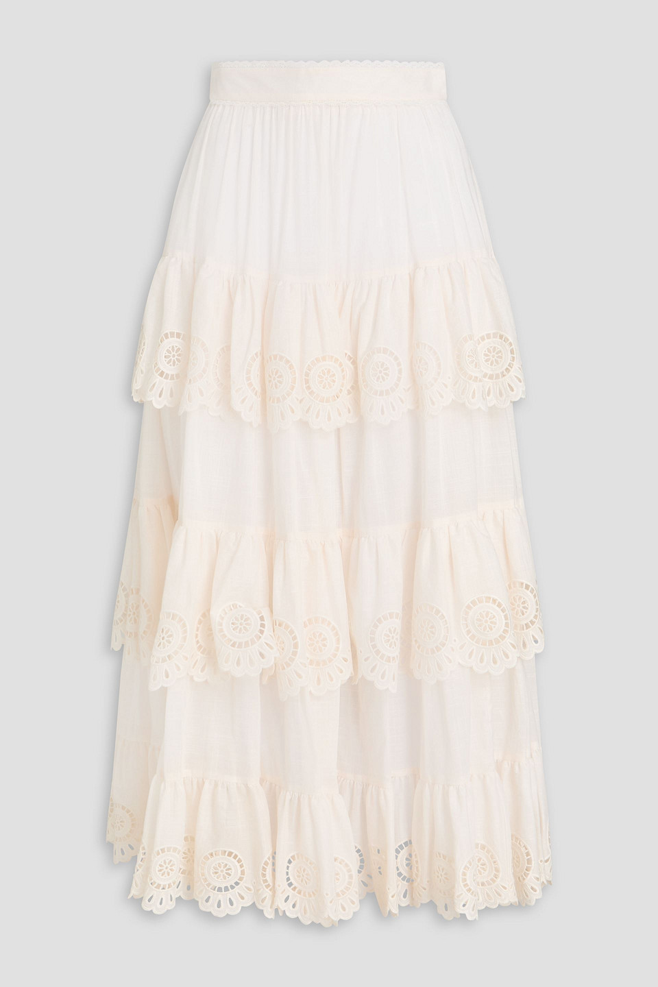 zimmermann - tiered broderie anglaise cotton midi skirt - white - 1