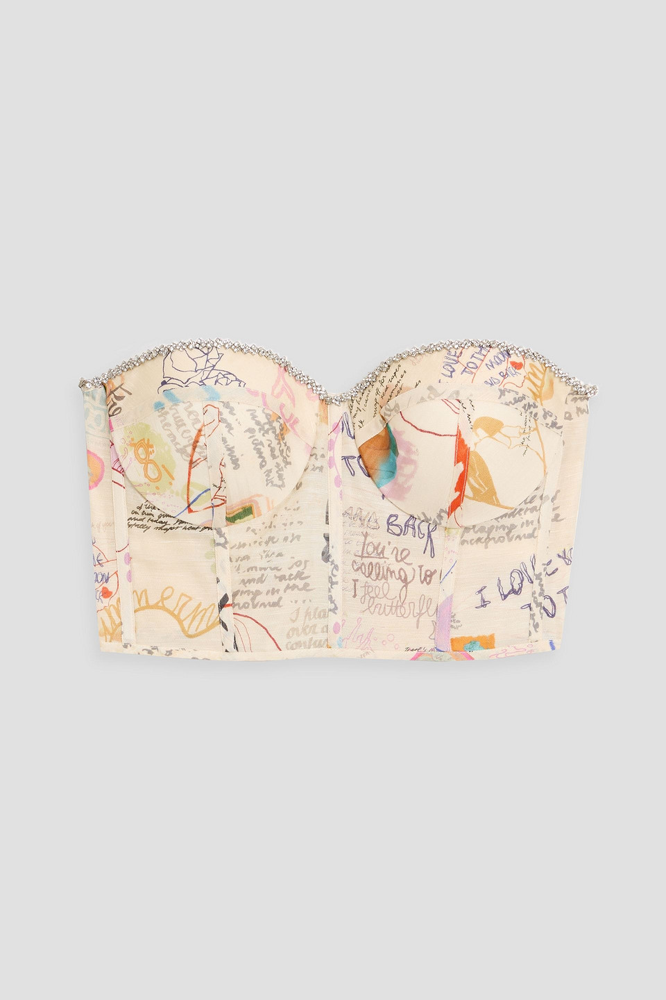 Zimmermann Strapless Printed Linen And Silk-blend Gauze Bustier Top In Neutral