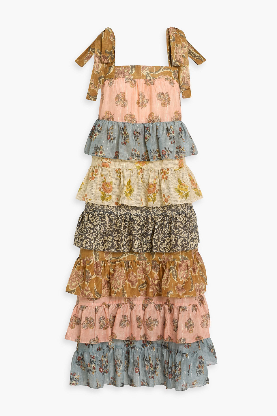 zimmermann - tiered printed cotton-blend voile midi dress - brown - 00
