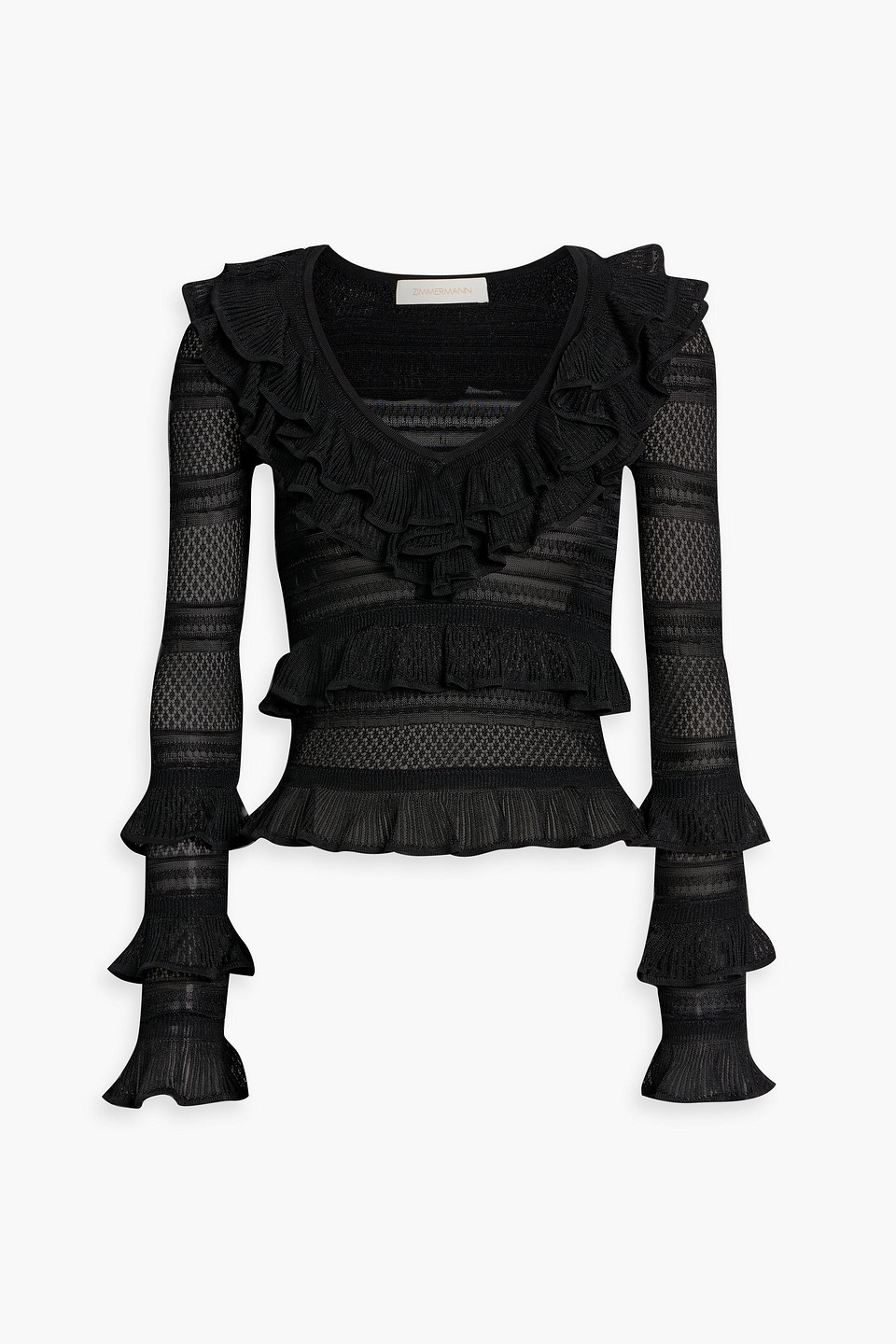 Zimmermann Ruffled Crochet-knit Top In Black