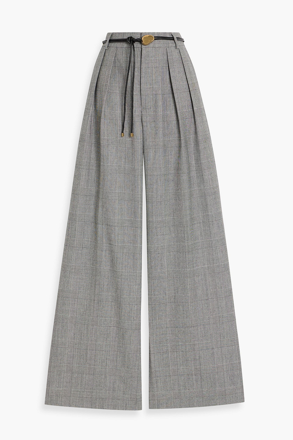Zimmermann Belted Prince Of Wales Checked Wool-blend Wide-leg Pants In Gray