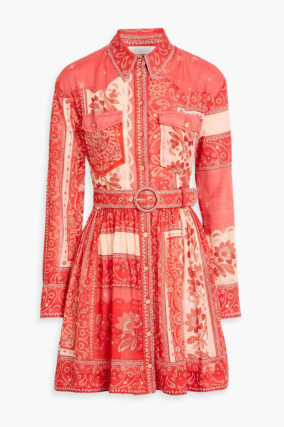 zimmermann - belted paisley-print cotton-voile mini shirt dress - red - 0