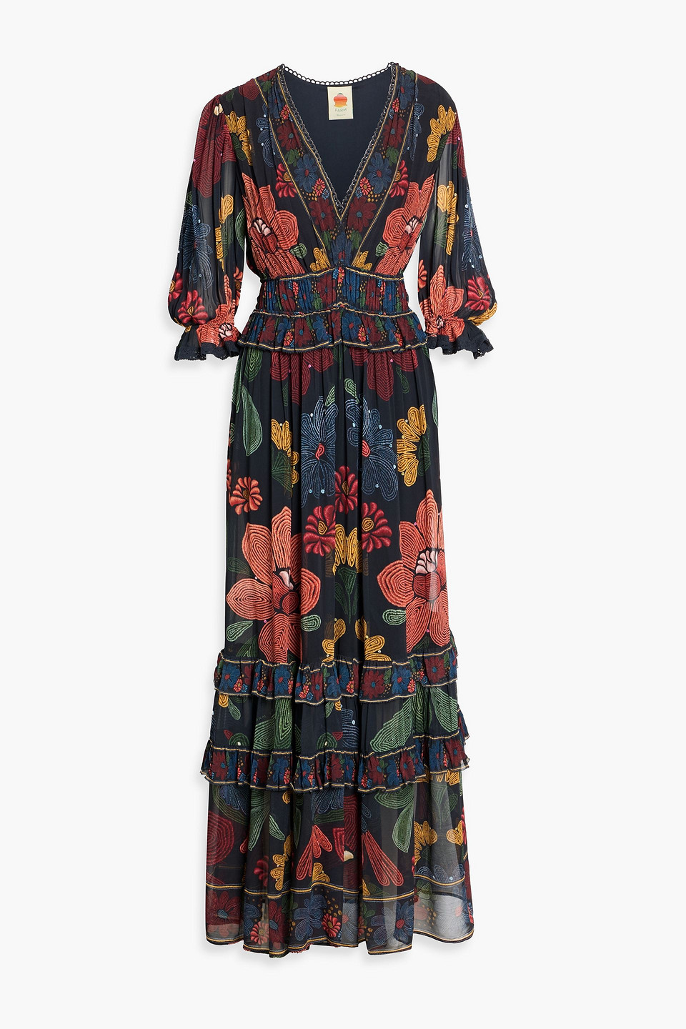 Farm Rio Tiered Crochet-trimmed Floral-print Crepe De Chine Maxi Dress In Black