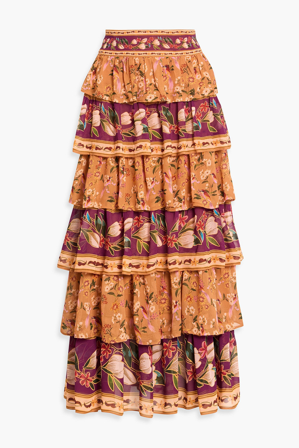 farm rio - tiered floral-print crepe de chine maxi skirt - brown - xxs