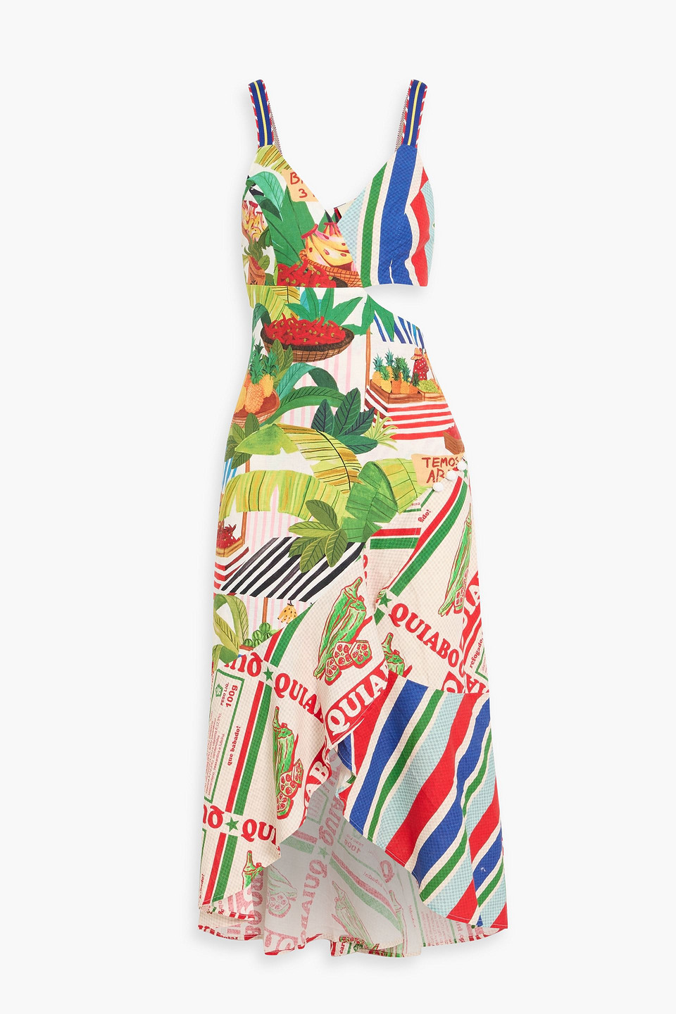 farm rio - wrap-effect printed linen-blend midi dress - green - xs