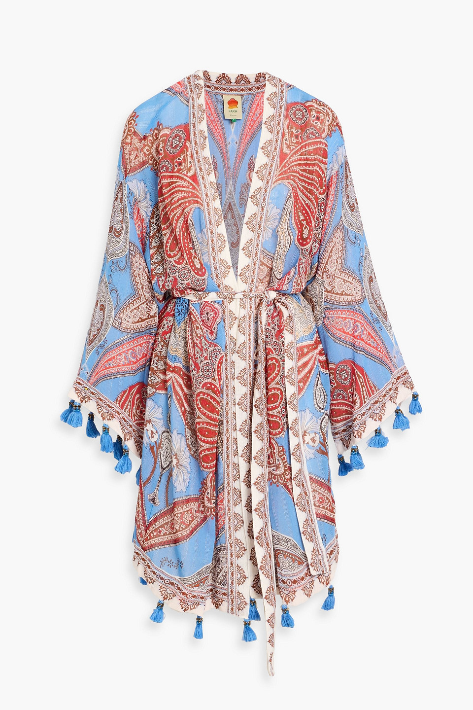 farm rio - metallic paisley-print cotton-blend voile mini dress - blue - xxs