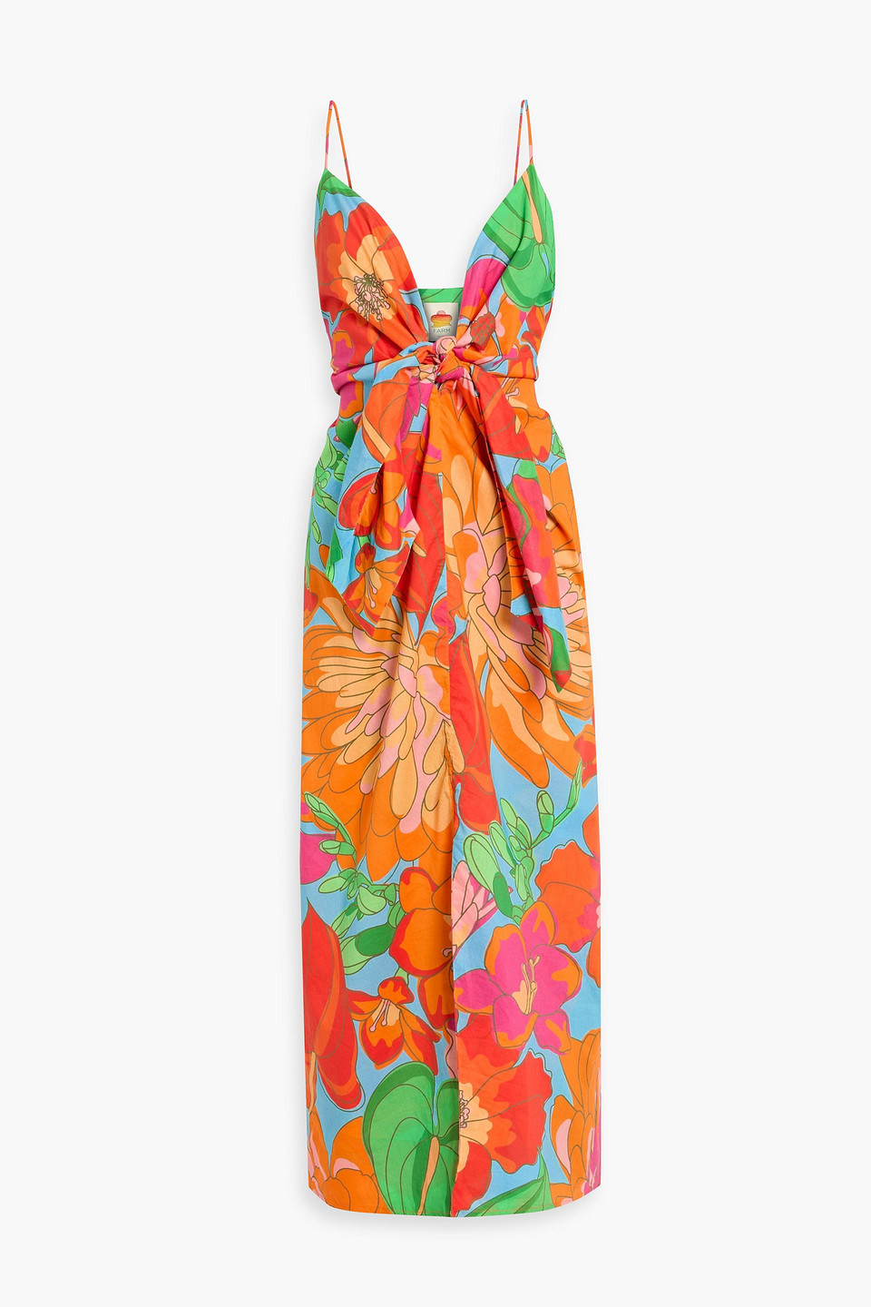 farm rio - tie-front printed cotton maxi dress - orange - m