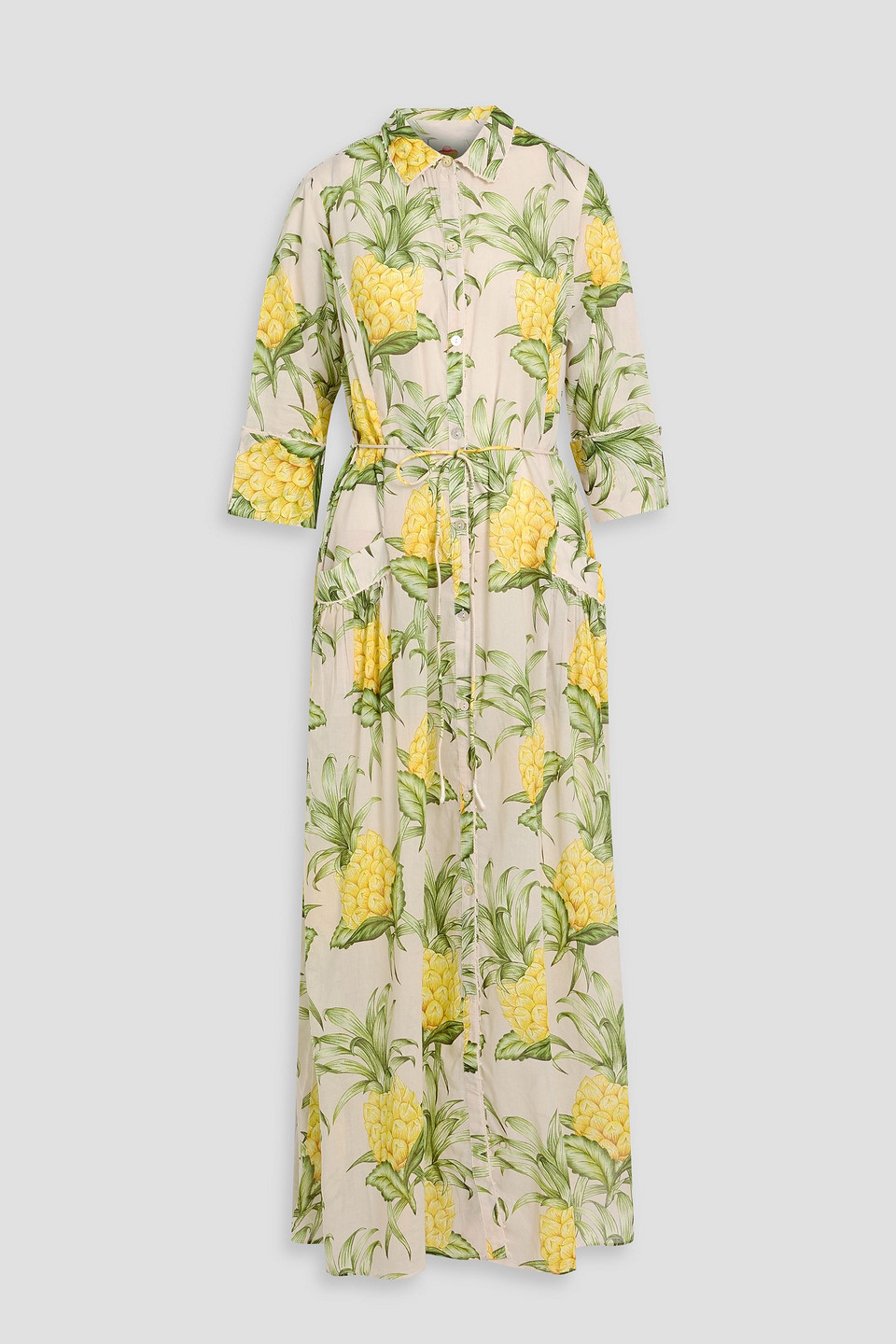 farm rio - crochet-trimmed printed cotton-voile maxi shirt dress - white - xs