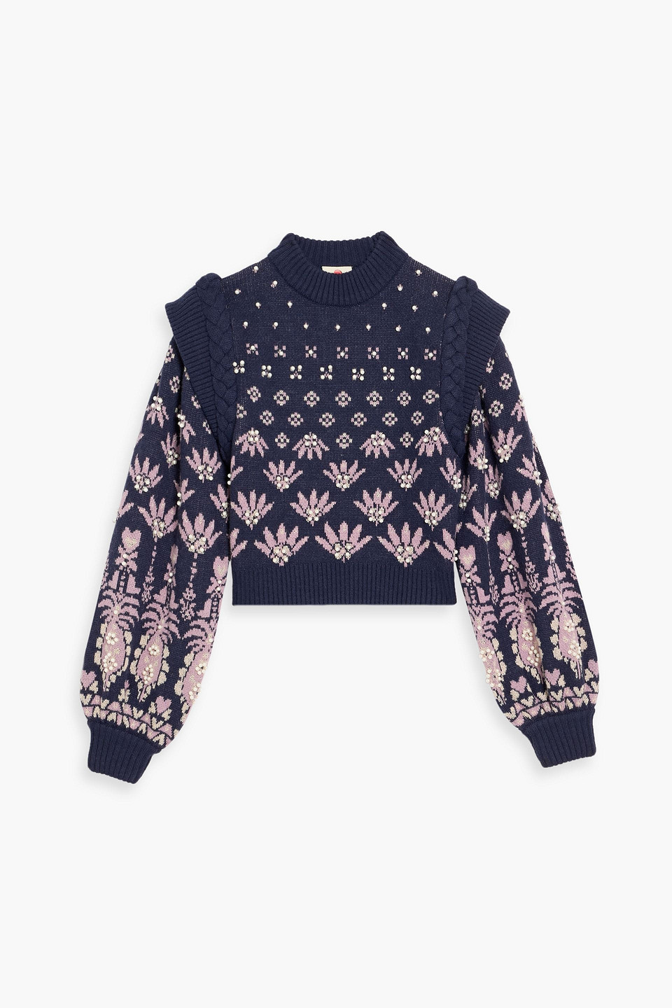 farm rio - faux pearl-embellished jacquard-knit sweater - blue - s