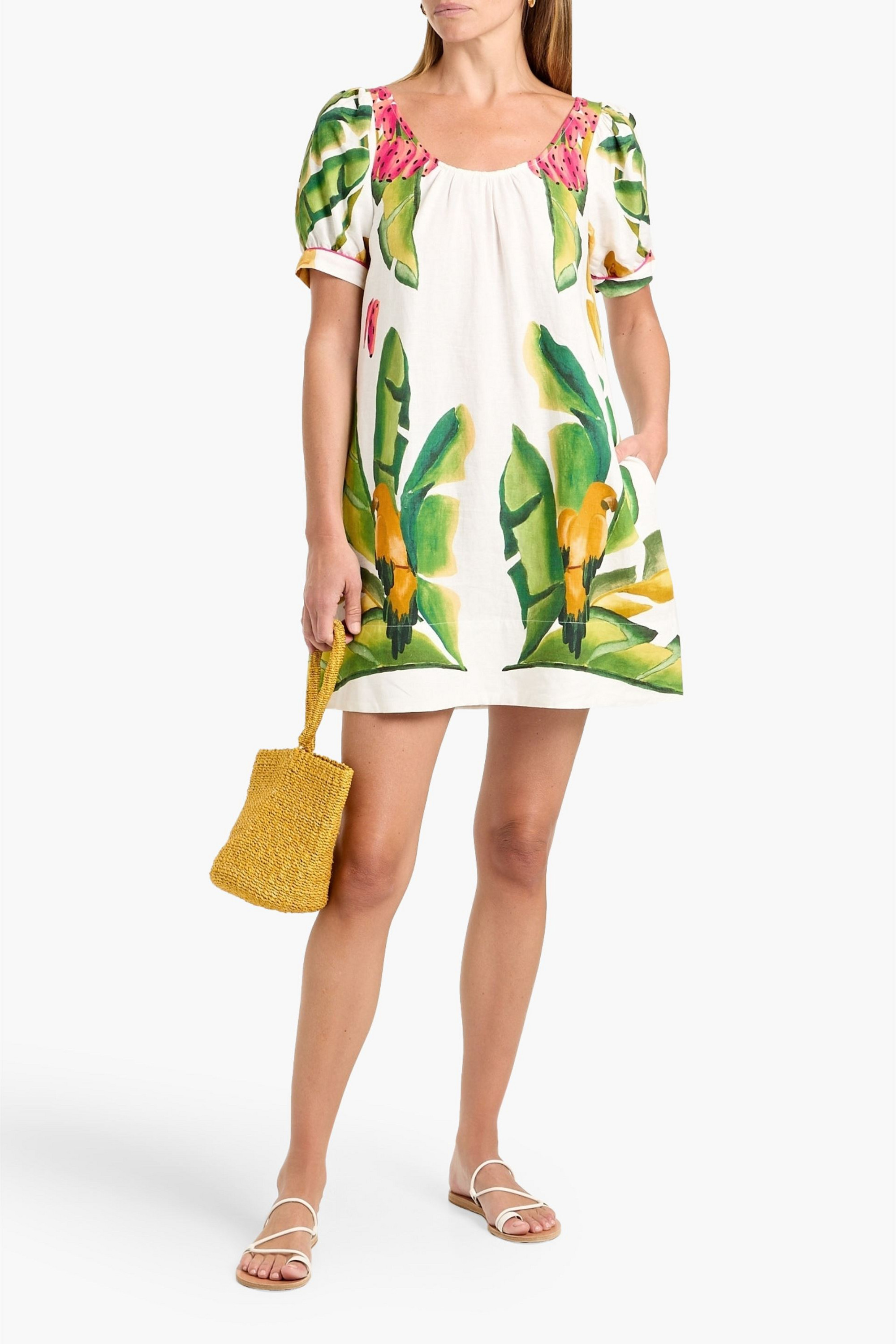 farm rio pink banana leaves v neck mini dress FARM Rio - Pink Banana Leaves V Neck Mini Dress