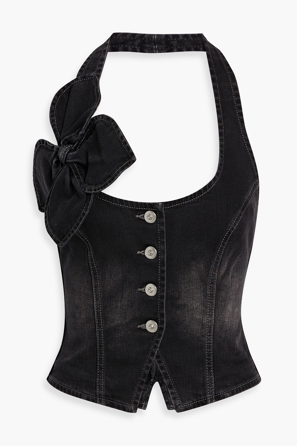 area - floral-appliquéd denim halterneck top - black - us 0