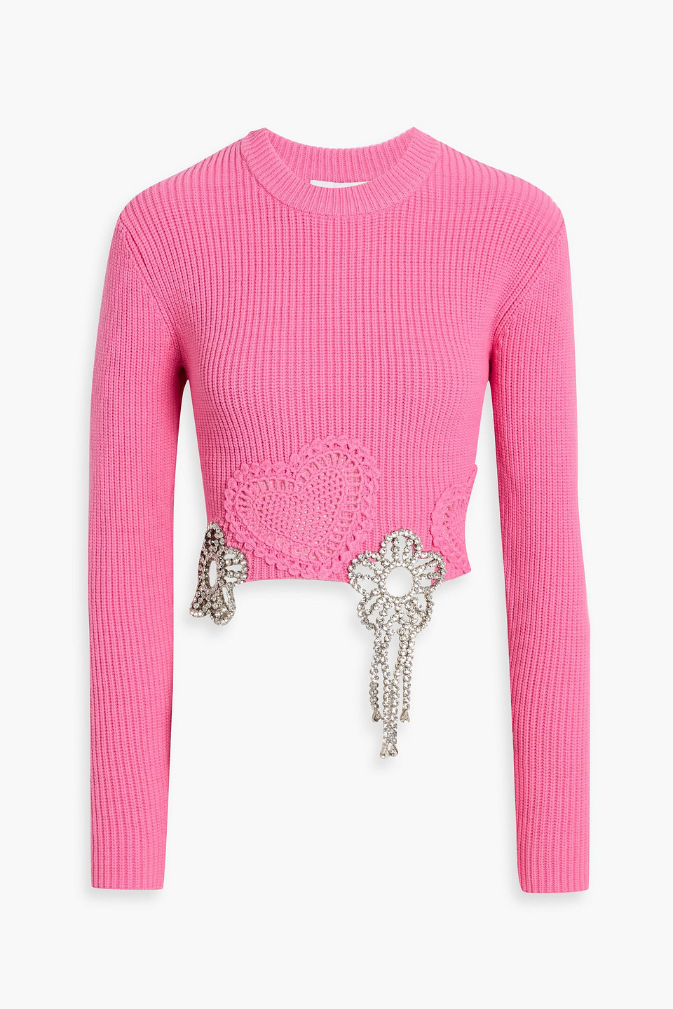 area - cropped crystal-embellished ribbed cotton-blend sweater - pink - s