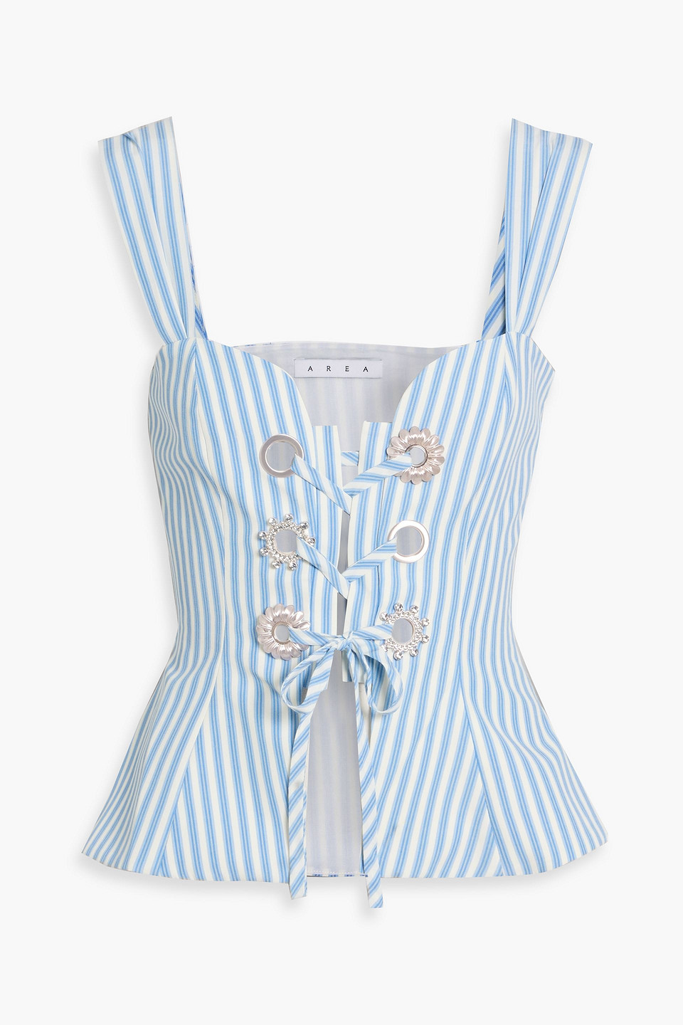 area - lace-up striped cotton-blend poplin top - blue - xs