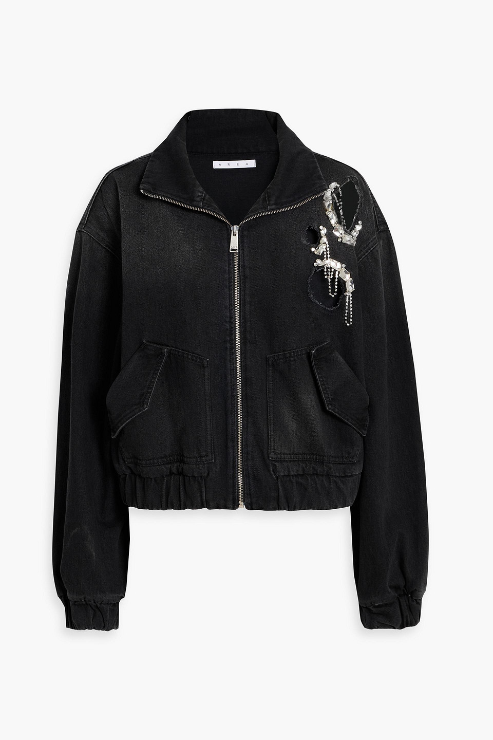 area - distressed crystal-embellished denim jacket - black - xs