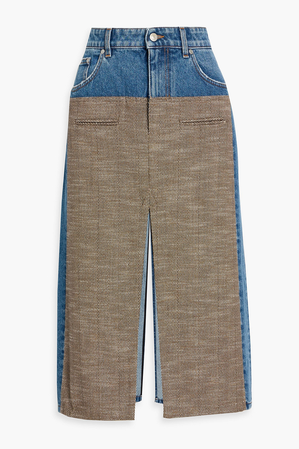 stella mccartney - tweed-paneled denim midi skirt - blue - xs