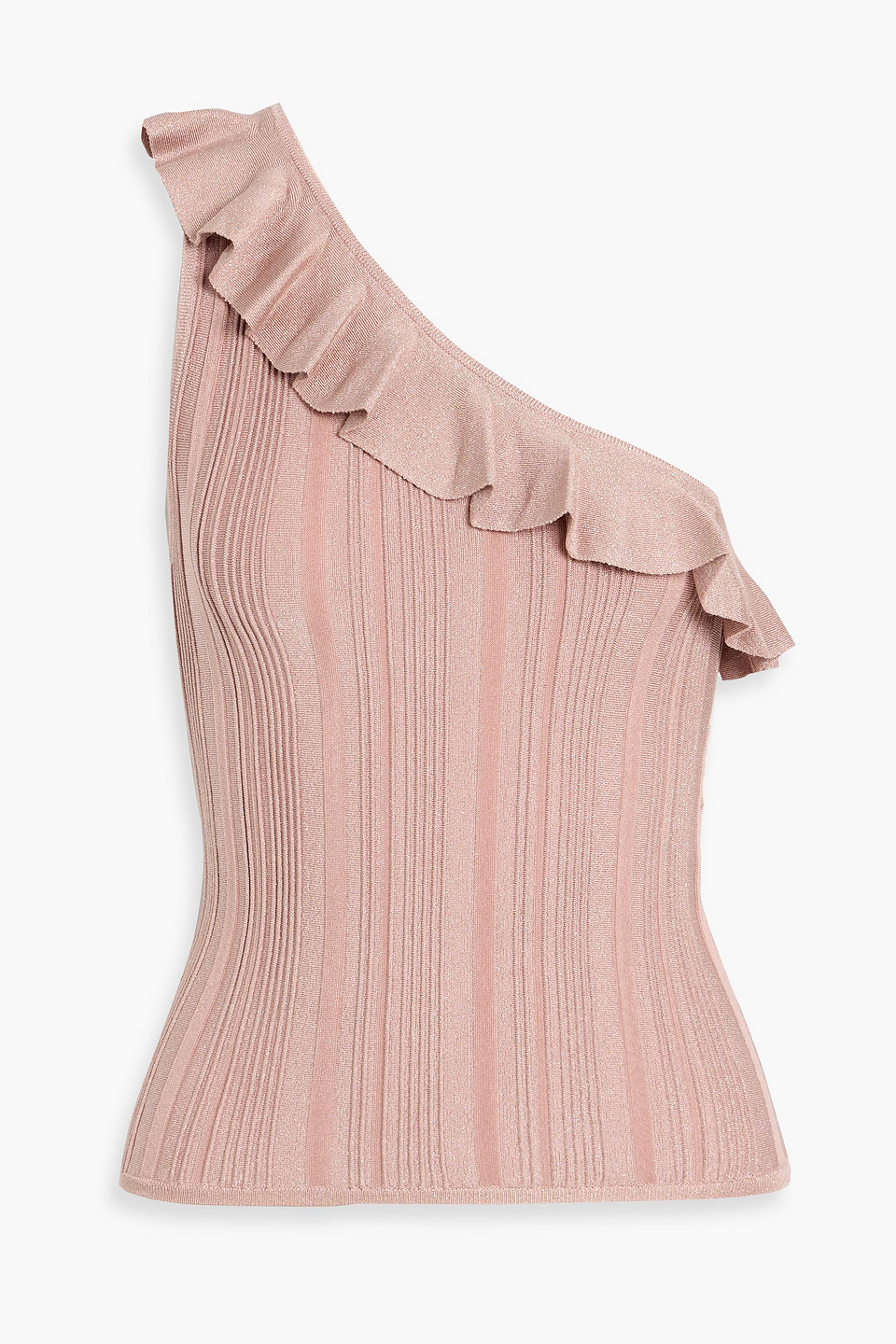 zimmermann - one-shoulder ruffled metallic ribbed-knit top - pink - 0