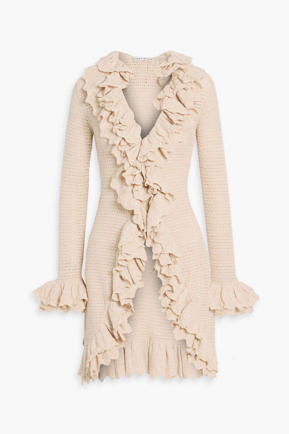 alice olivia - yara ruffled pointelle-knit wool cardigan - neutral - xs