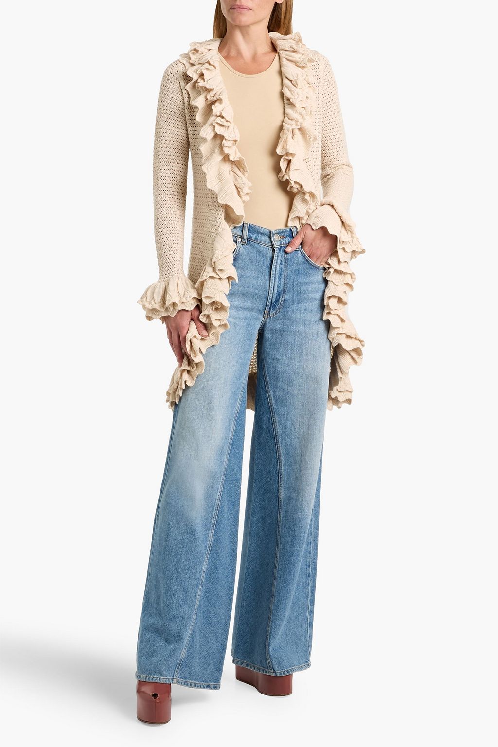 ALICE + OLIVIA Yara ruffled pointelle-knit wool cardigan | THE OUTNET