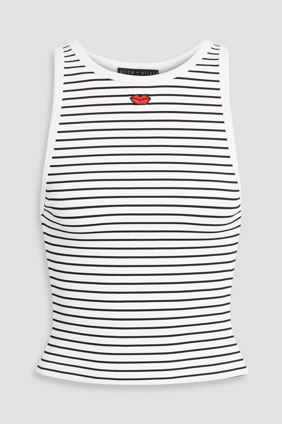alice olivia - allen embroidered striped ribbed-knit tank - white - xs