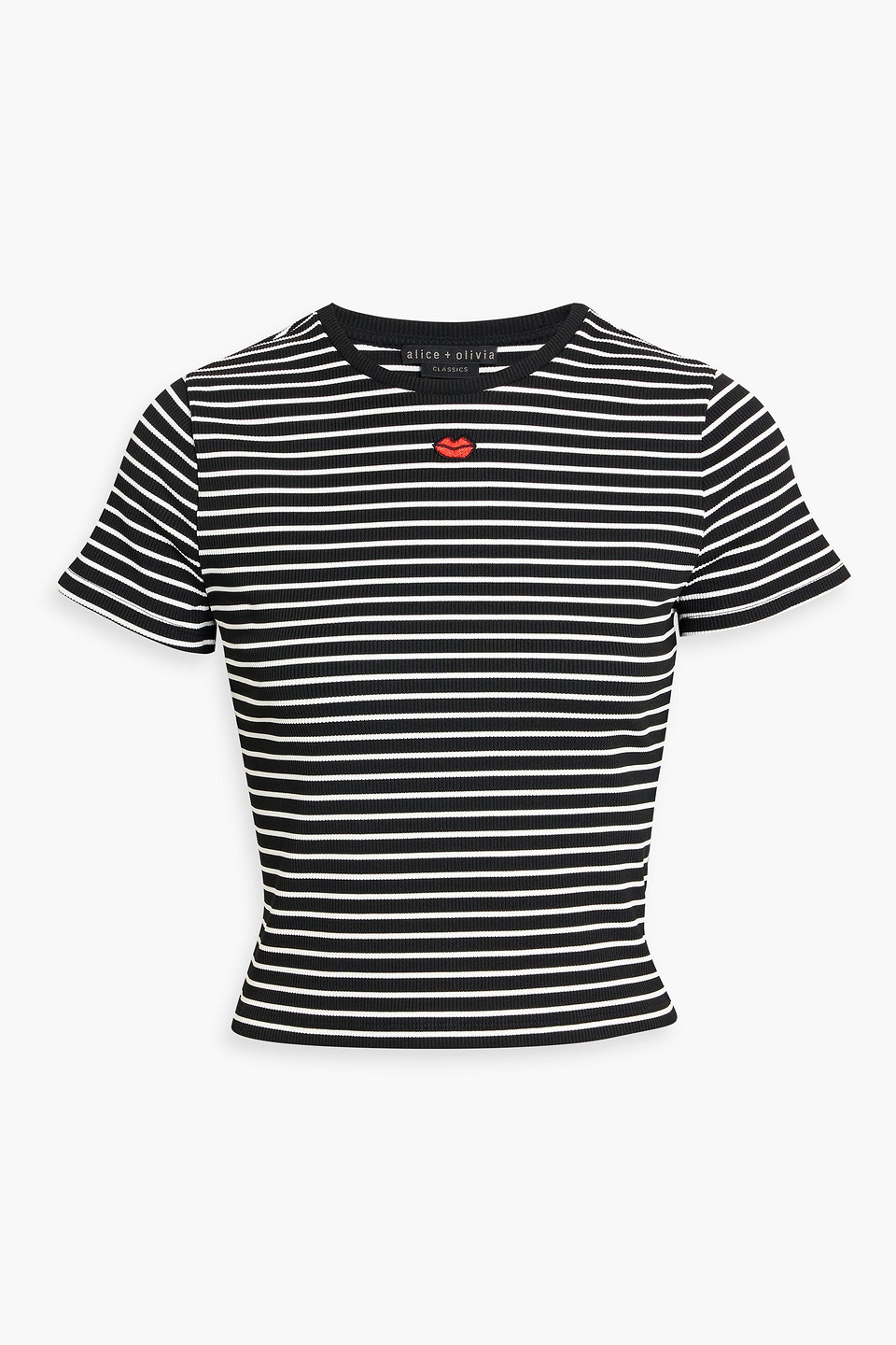 alice olivia - cindy embroidered striped ribbed-knit t-shirt - black - xs