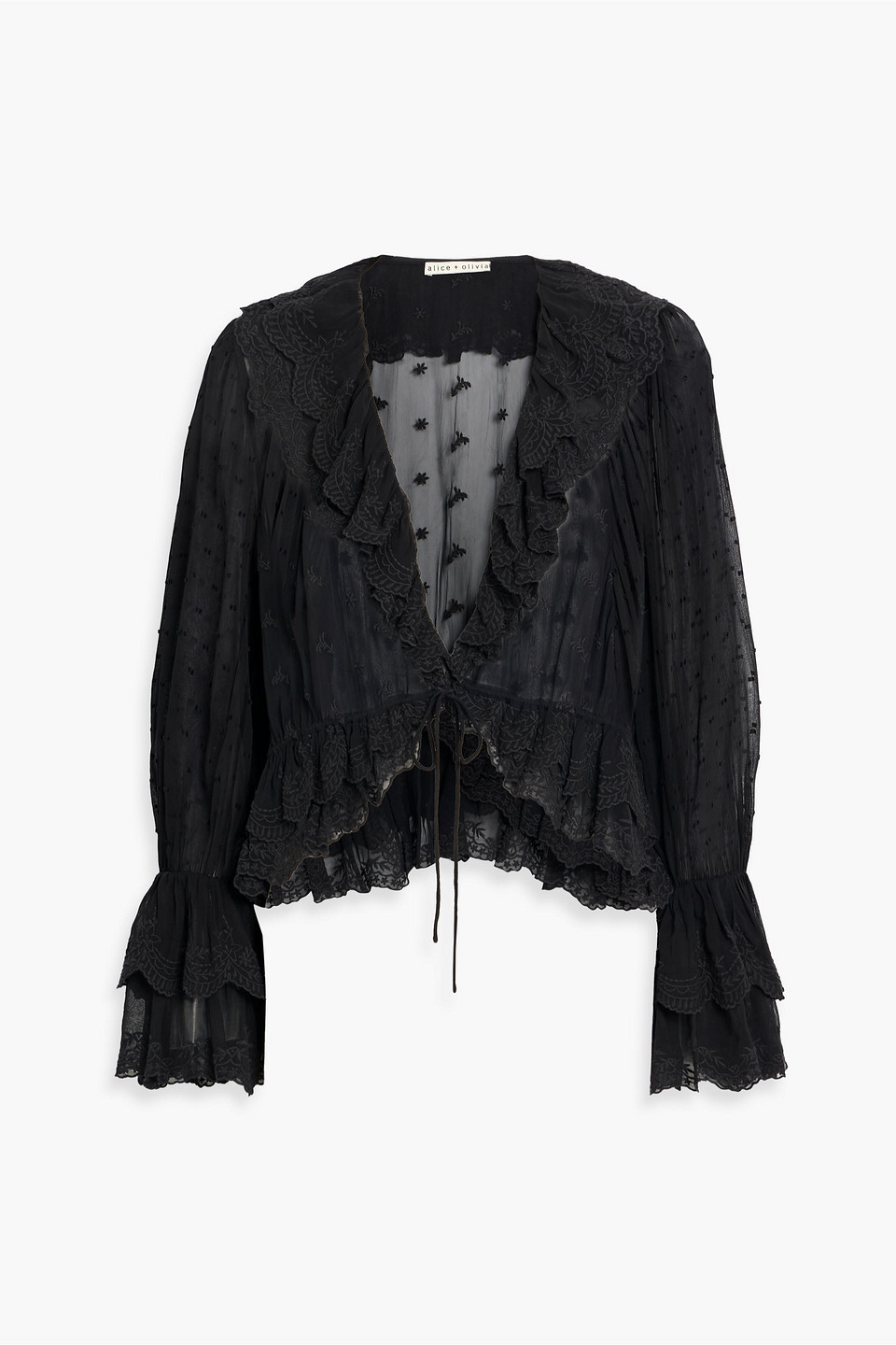 alice olivia - tenney ruffled embroidered chiffon blouse - black - s