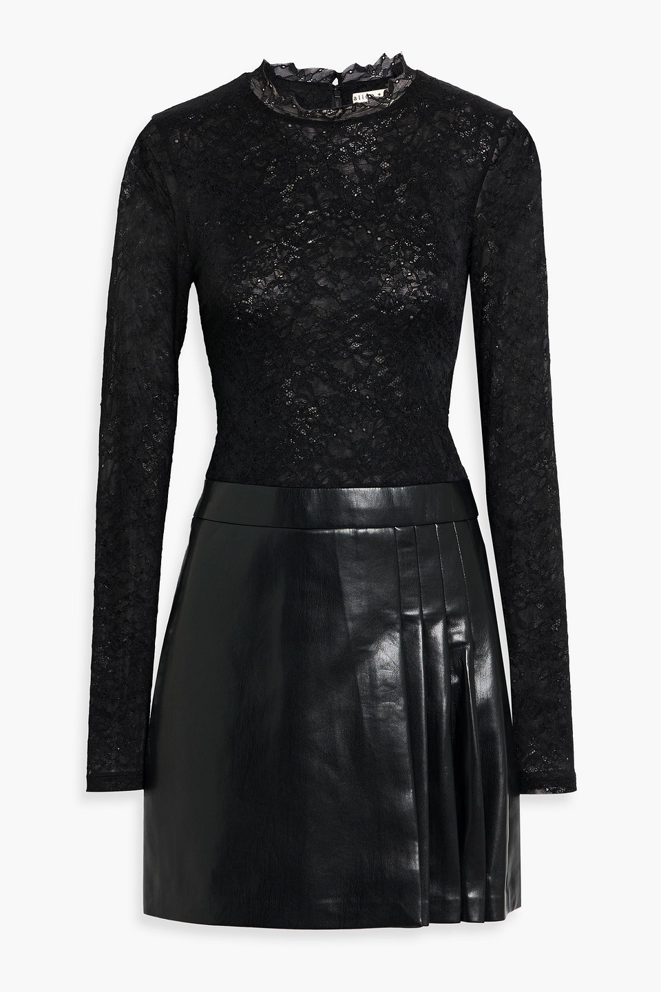 alice olivia - chara pleated corded lace mini dress - black - us 6