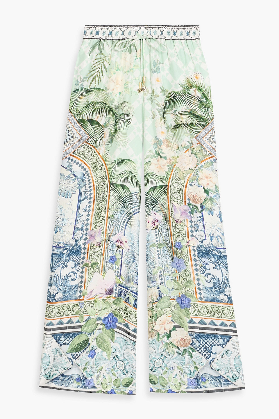camilla - crystal-embellished printed silk-twill wide-leg pants - green - xxs