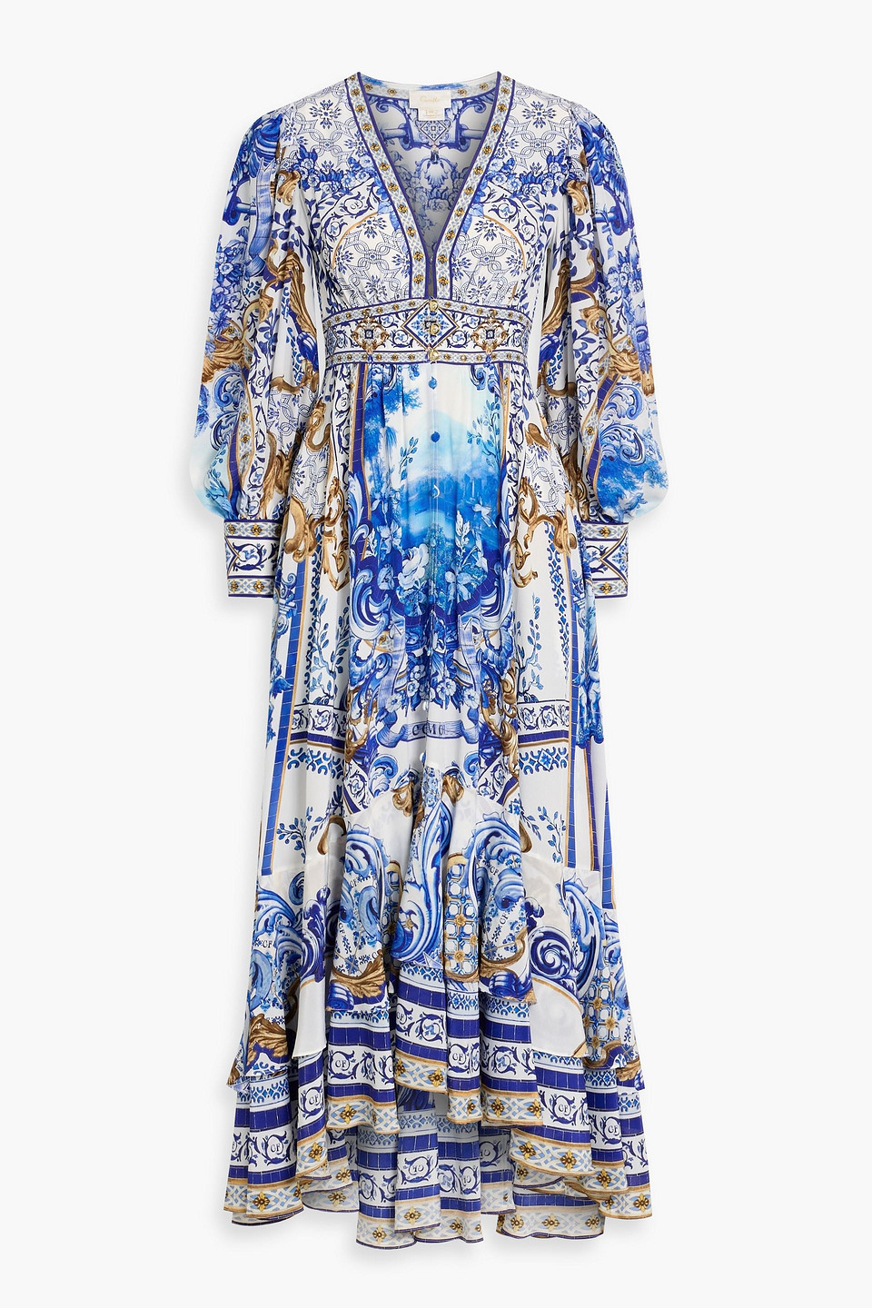 camilla - crystal-embellished printed silk crepe de chine maxi dress - blue - xxs