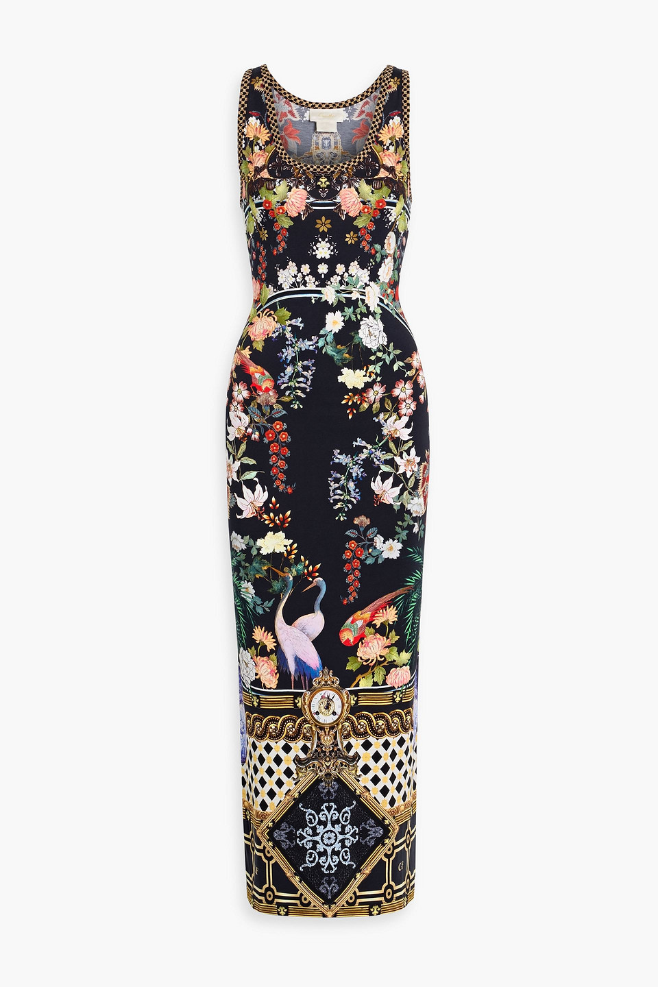 camilla - crystal-embellished printed cotton-blend jersey maxi dress - black - xxs