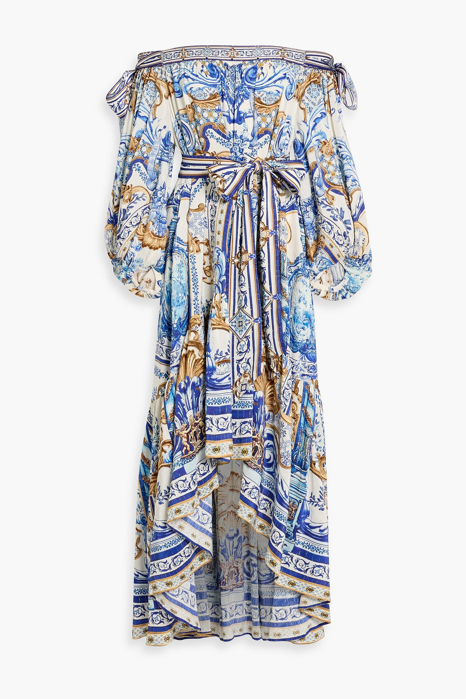 camilla - off-the-shoulder crystal-embellished printed linen and silk-blend maxi dress - blue - m/l