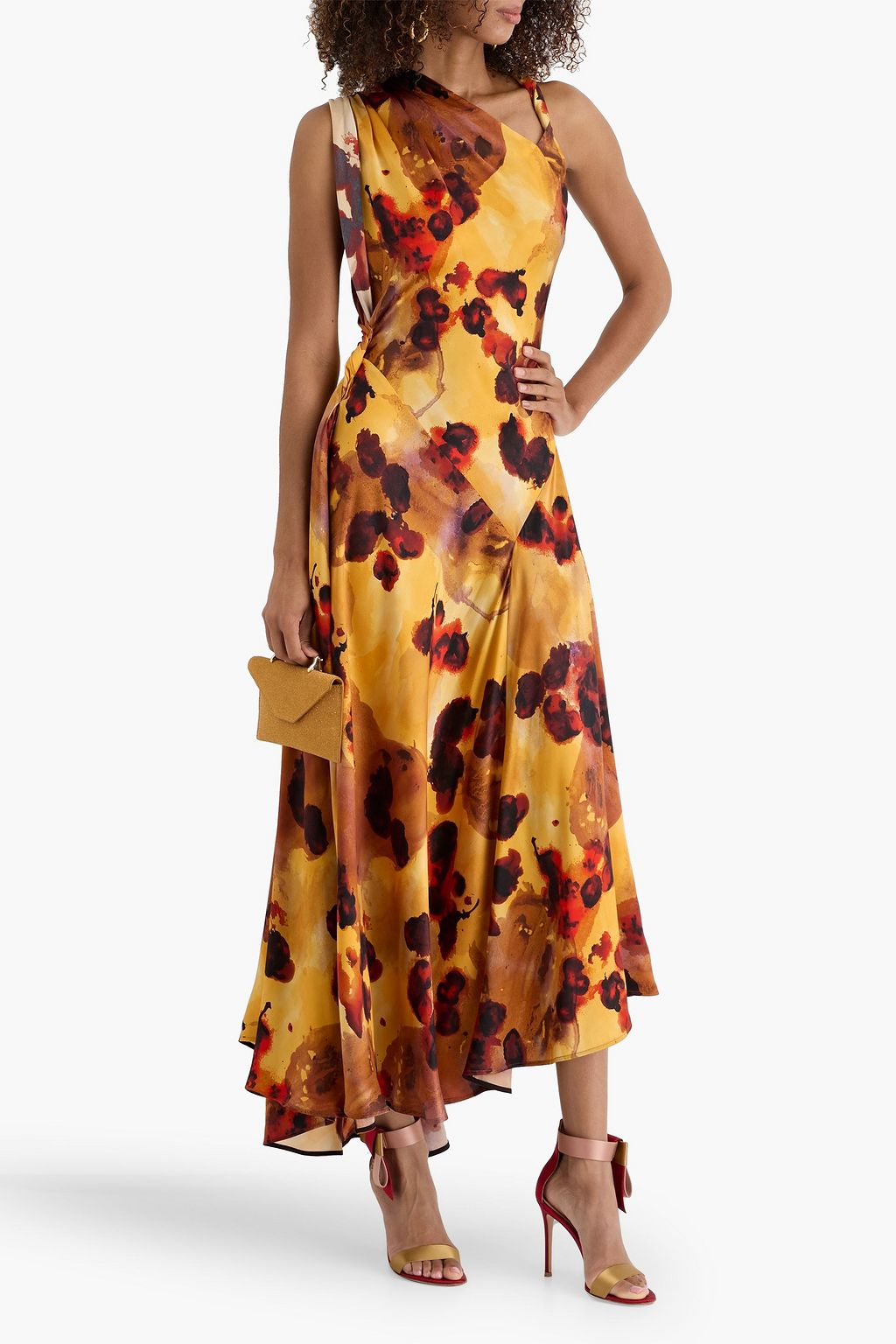 victoria beckham maxi dress Draped printed silk-satin maxi dress - saffron