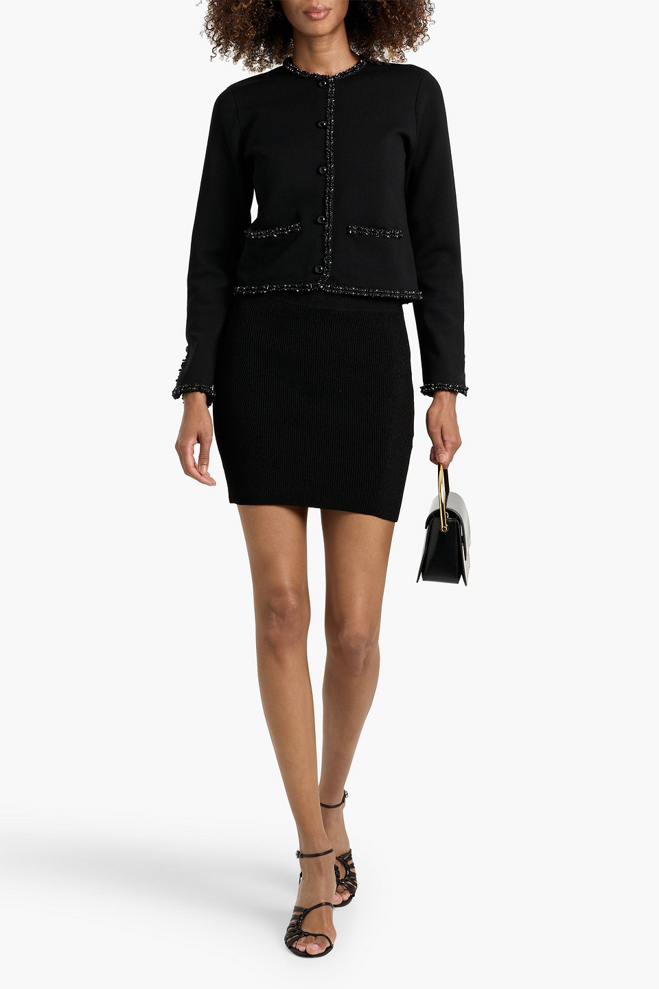 Frame Bead-embellished Wool-blend Jacket In Black