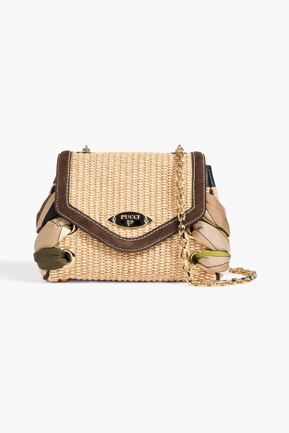pucci - tressage suede-trimmed faux raffia shoulder bag - brown - onesize