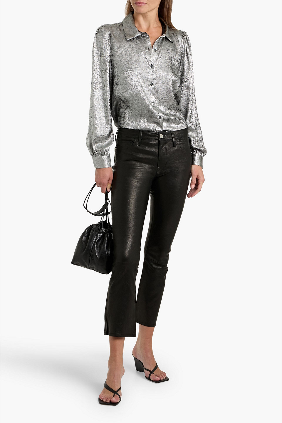 Frame Le Crop Mini Boot Leather Bootcut Pants In Black