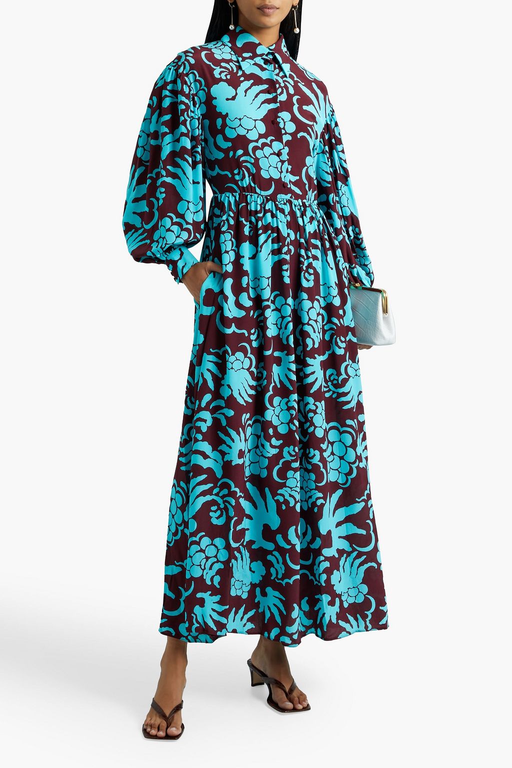 valentino printed silk dress Valentino Garavani Metallic Floral-Print Silk Midi Dress