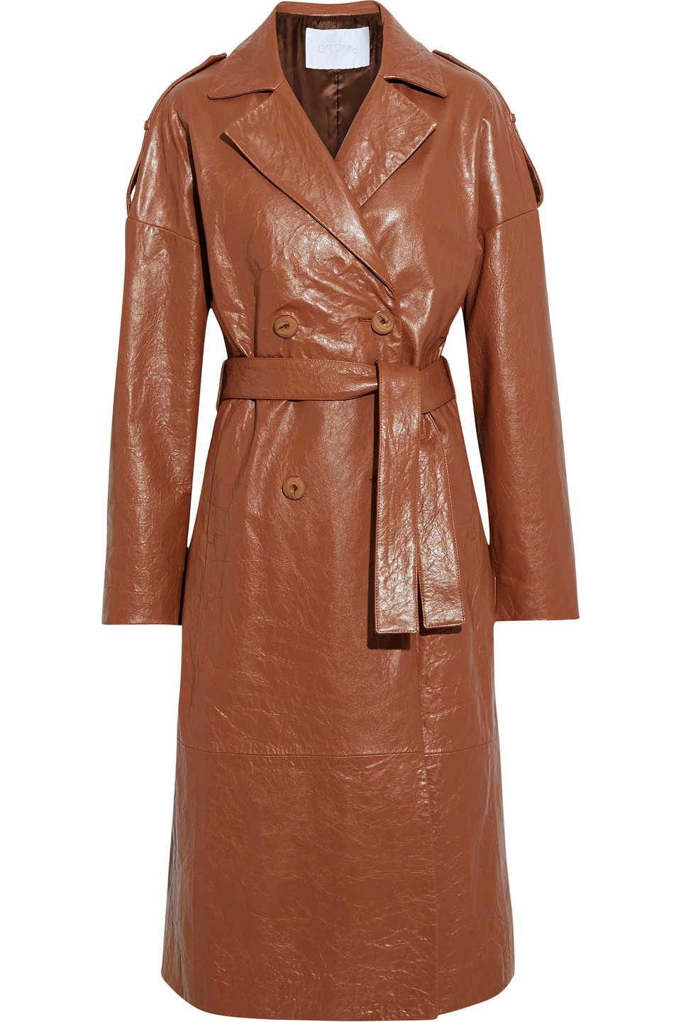 Drome Double-breasted Crinkled-leather Trench Coat In Brown