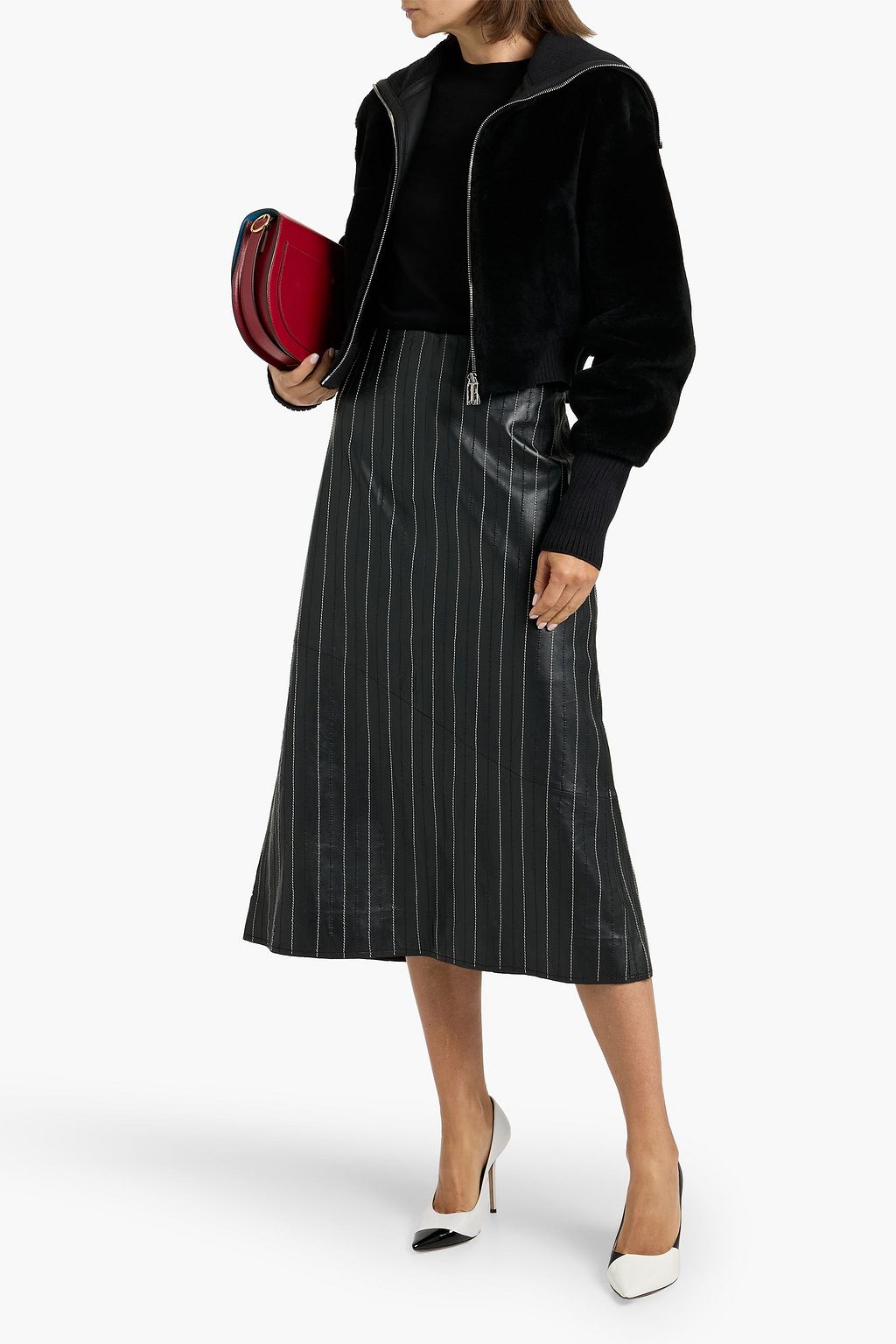 VICTORIA BECKHAM Embroidered pinstriped leather midi skirt | THE