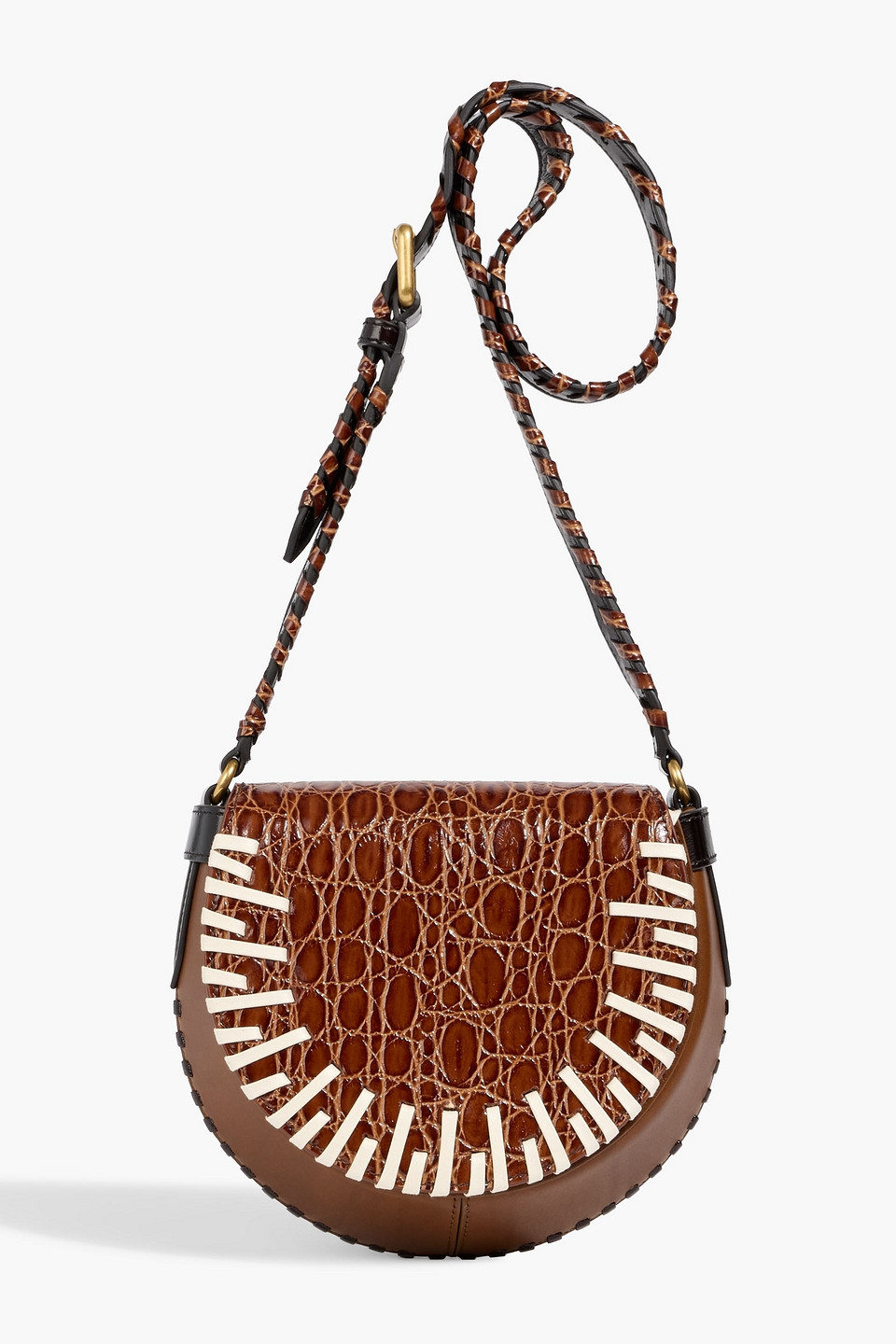 dries van noten - whipstitched smooth and croc-effect leather shoulder bag - brown - onesize