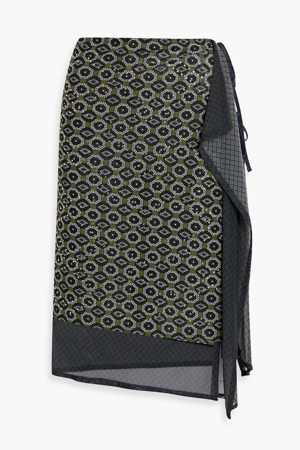 Dries Van Noten Embellished Printed Mesh Midi Wrap Skirt In Green