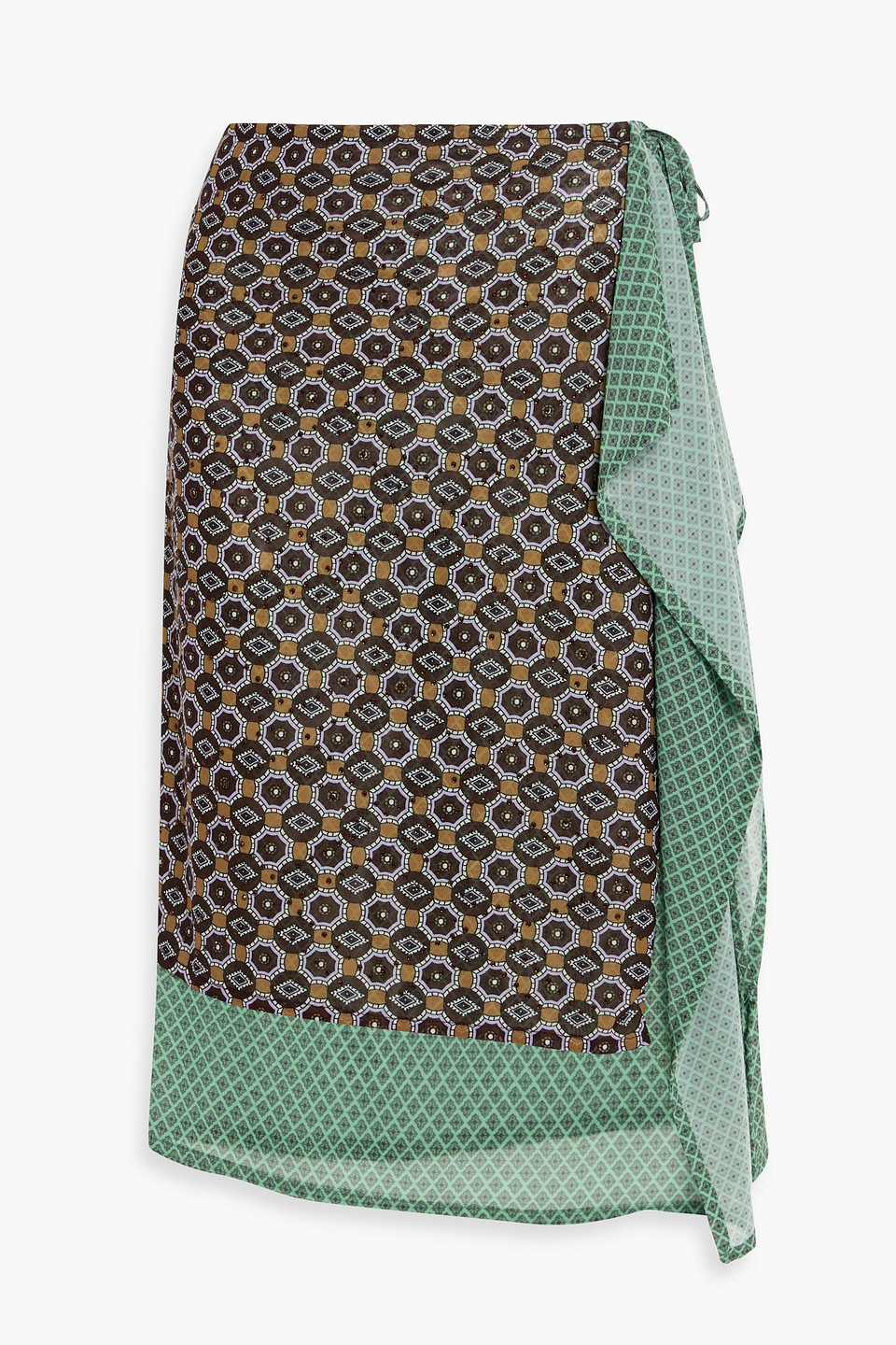 Dries Van Noten Embellished Printed Mesh Midi Wrap Skirt In Brown