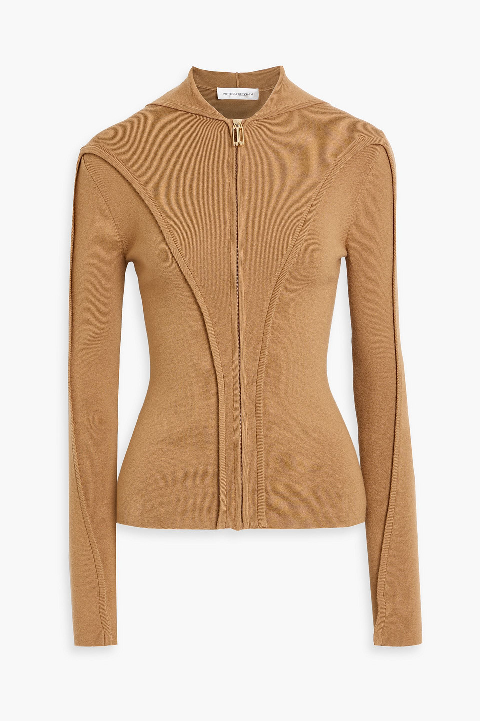 Victoria Beckham Merino Wool-blend Zip-up Hooded Cardigan In Camel