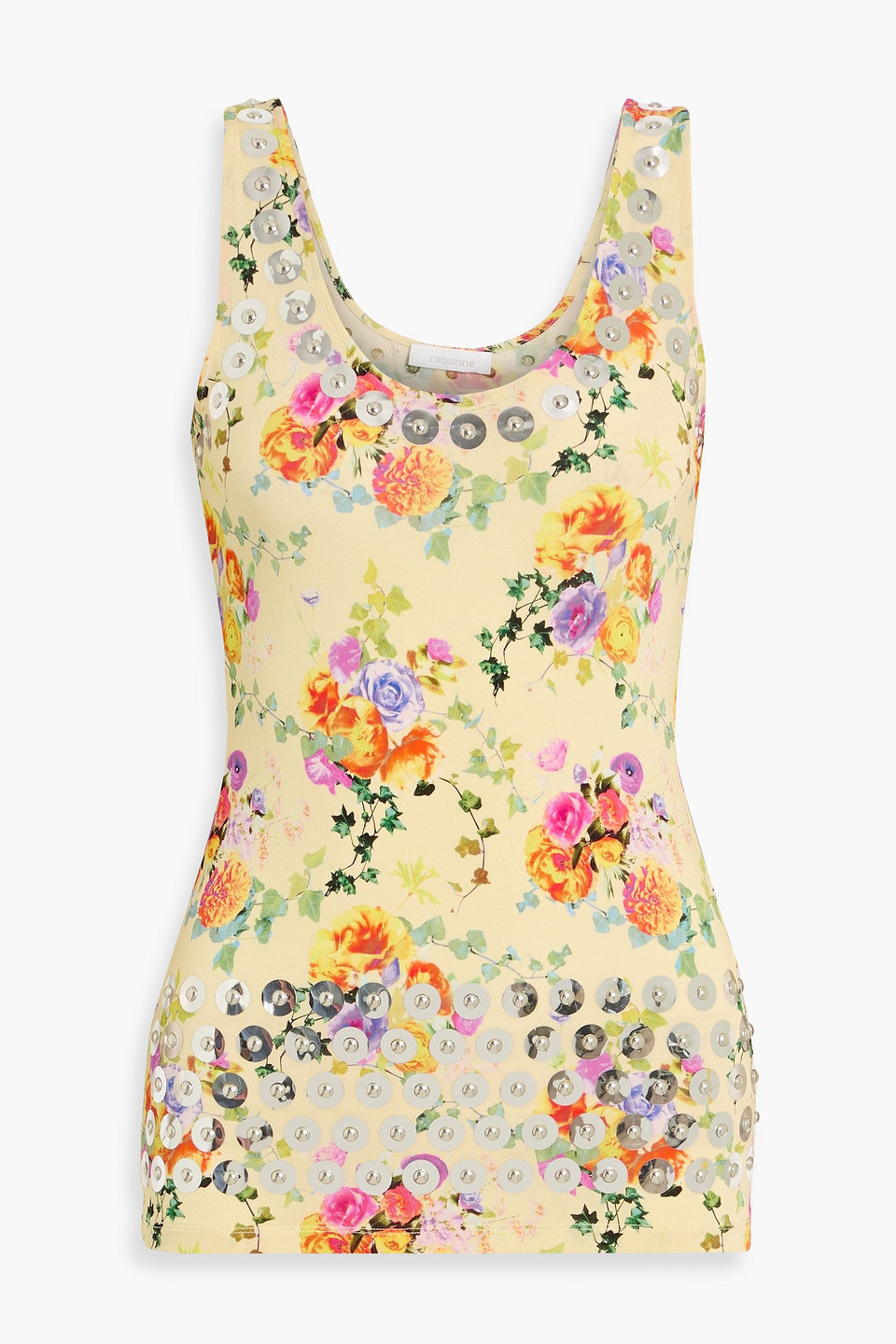 rabanne - embellished floral-print jersey tank - yellow - fr 40