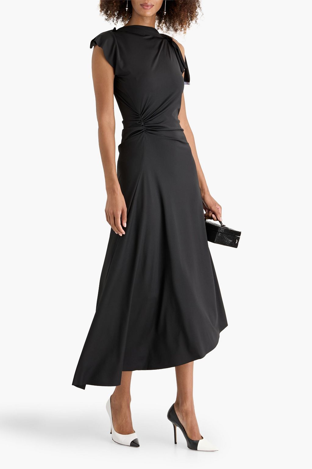 asymmetric gathered-waist midi dress Mesh Asymmetric Gathered Midi Dress