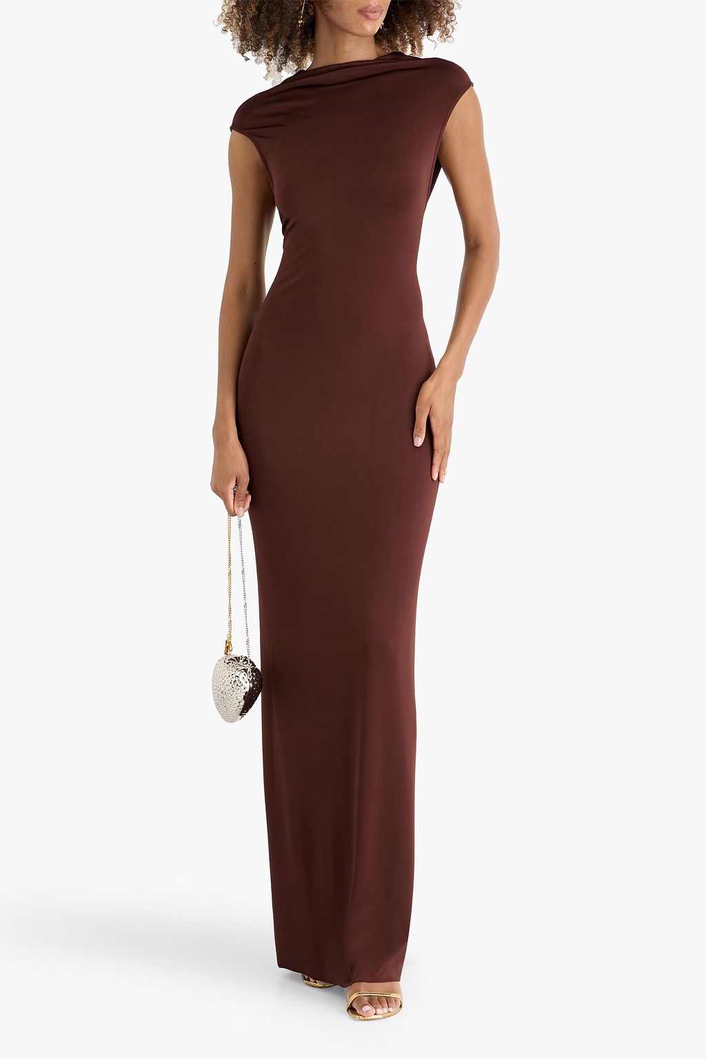 victoria beckham brown dress Victoria Beckham Mock-neck Open-back Maxi Dress