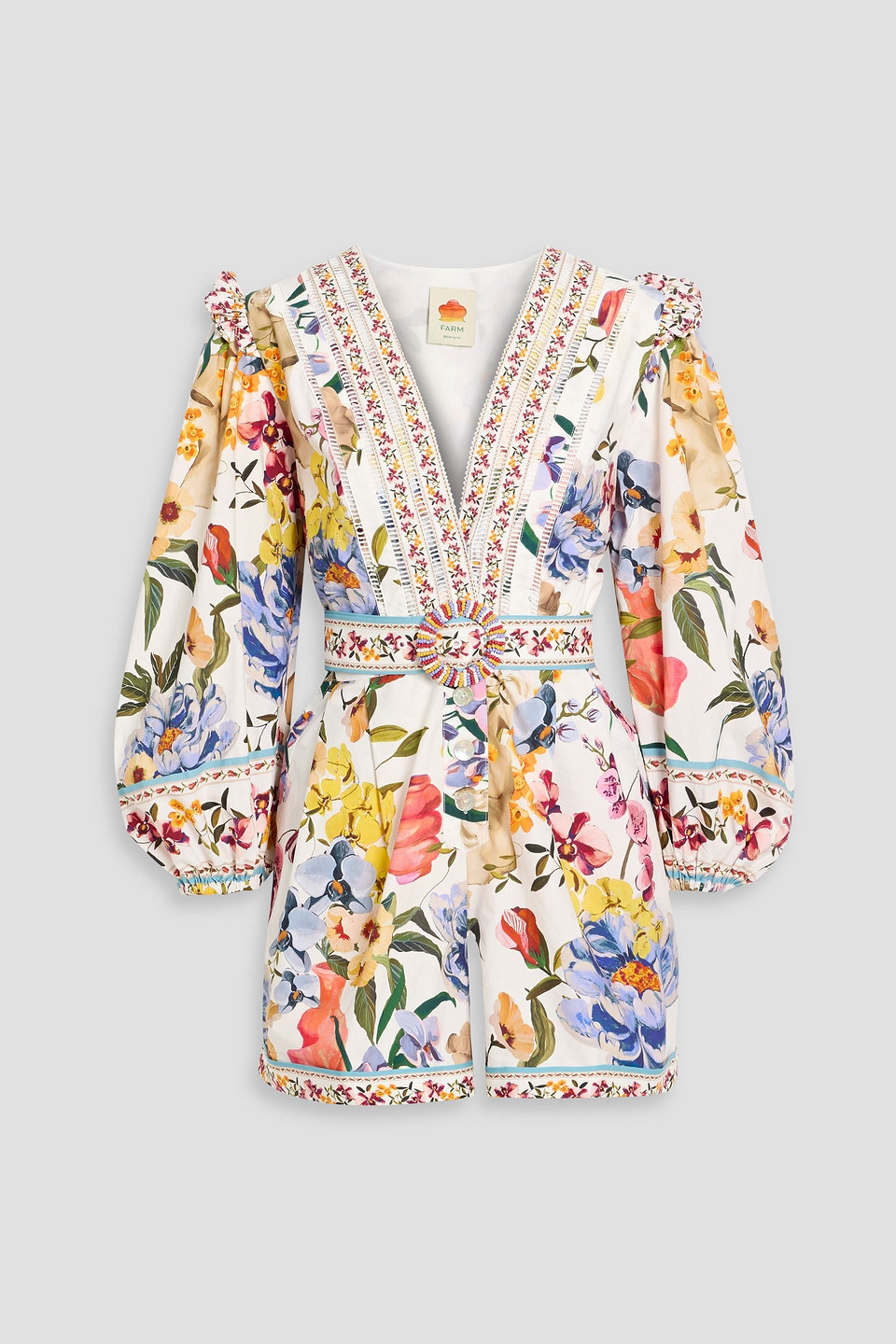 Farm Rio Belted Floral-print Cotton Playsuit In White
