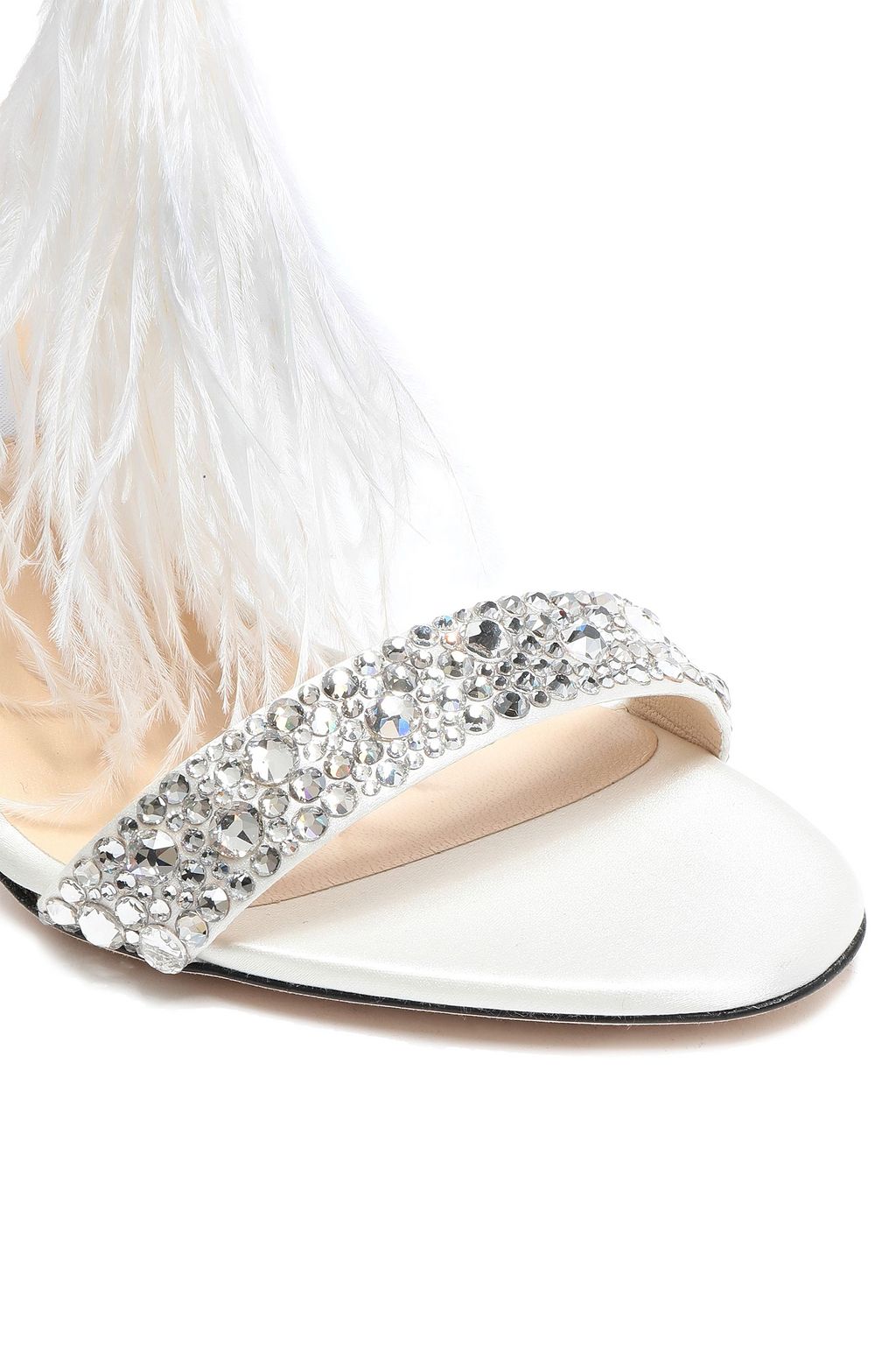 JIMMY CHOO Embellished feather-trimmed satin sandals