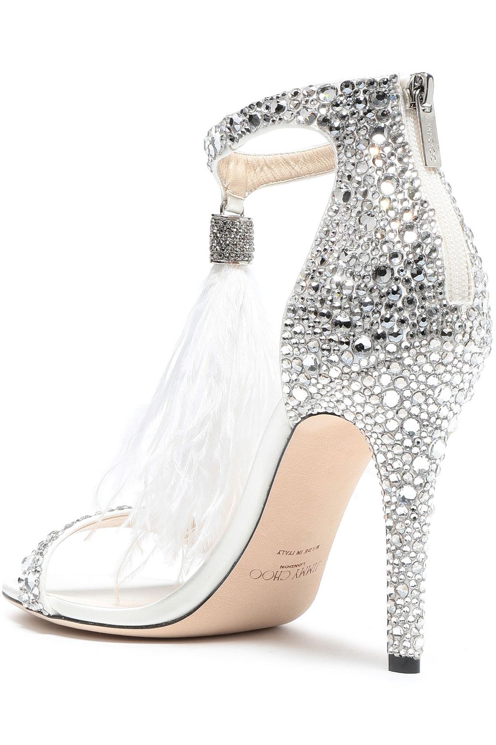 JIMMY CHOO Embellished feather-trimmed satin sandals